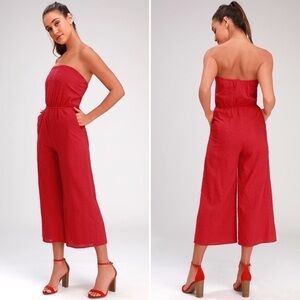 Lulus Sunlight Special Red Embroidered‎ Strapless Jumpsuit, 100% Cotton, Size XS